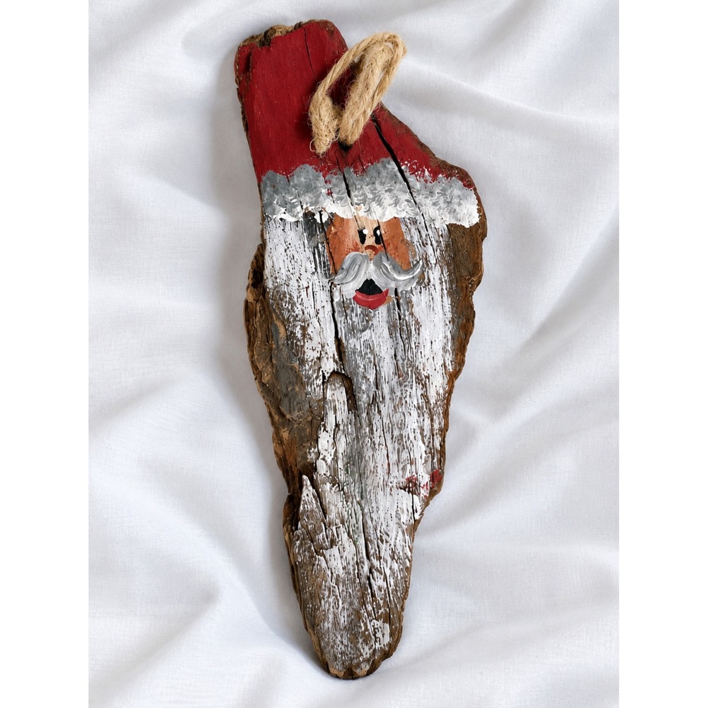 Hand Painted Santa Claus Tree Bark Christmas Ornament Rustic Folk Art Holiday